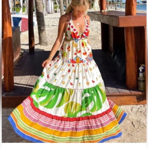 FARM Rio Mixed Picnic Tiered Maxi Dress with Fruit & Stripe Print M - Picture 11 of 11